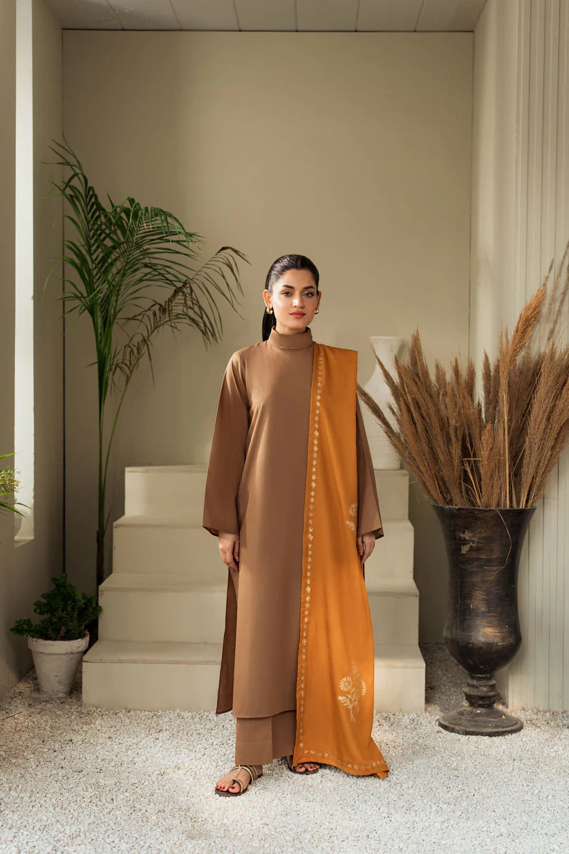 BrandsInn-3PC DHANAK SHIRT WITH WOOL PRINTED SHAWL AND TROUSER-BI-4128