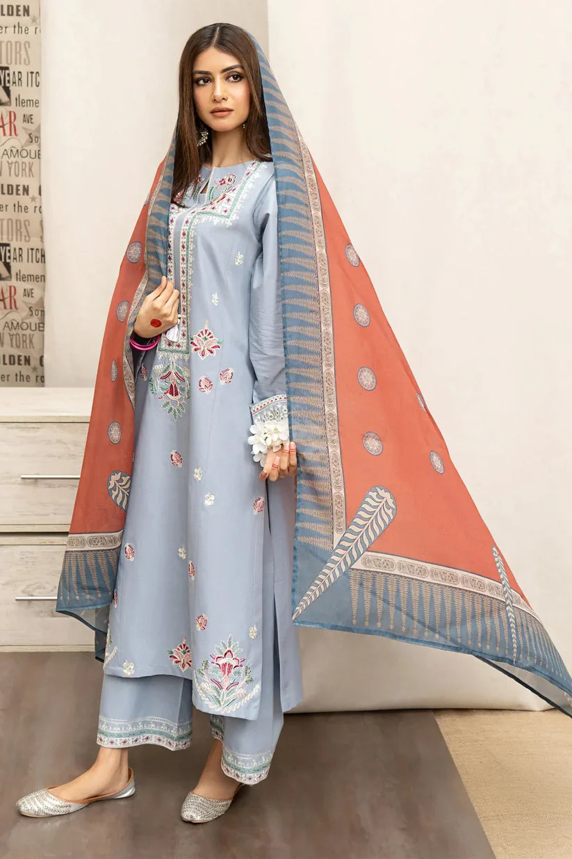 BrandsInn- 3PC DHANAK EMBROIDERED SHIRT WITH COUTURE WOOL PRINT SHAWL AND EMB TROUSER-BIC-4017