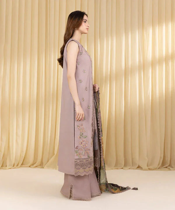 BrandsInn-3PC DHANAK EMBROIDERED SHIRT WITH COURTRAI WOOL PRINTED SHAWL AND EMB TROUSER-BI-4100