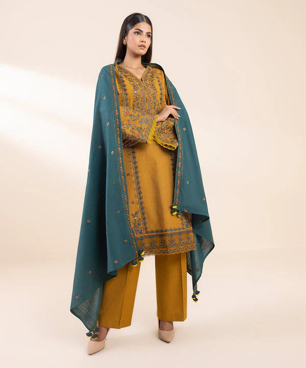 BrandsInn- 3PC DHANAK EMBROIDERED SHIRT WITH DHANAK EMBROIDERED SHAWL AND TROUSER-BIC-4022