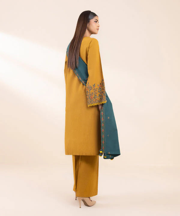 BrandsInn- 3PC DHANAK EMBROIDERED SHIRT WITH DHANAK EMBROIDERED SHAWL AND TROUSER-BIC-4022