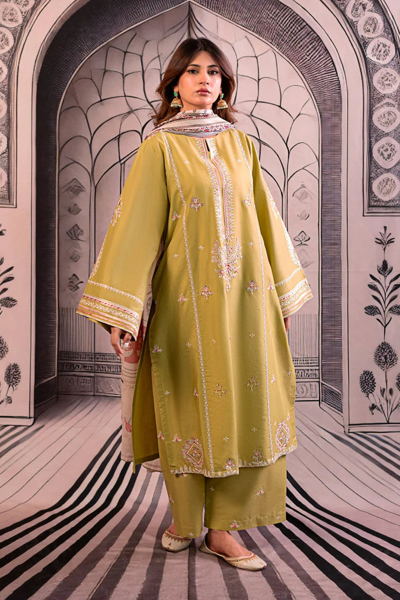 BrandsInn- 3PC LAWN EMBROIDERED SHIRT WITH MONARK PRINTED DUPATTA AND EMB TROUSER-BIC-411