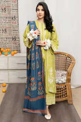 BrandsInn-3PC DHANAK EMBROIDERED SHIRT WITH COUTURE WOOL PRINT SHAWL AND EMB TROUSER-BI-4134