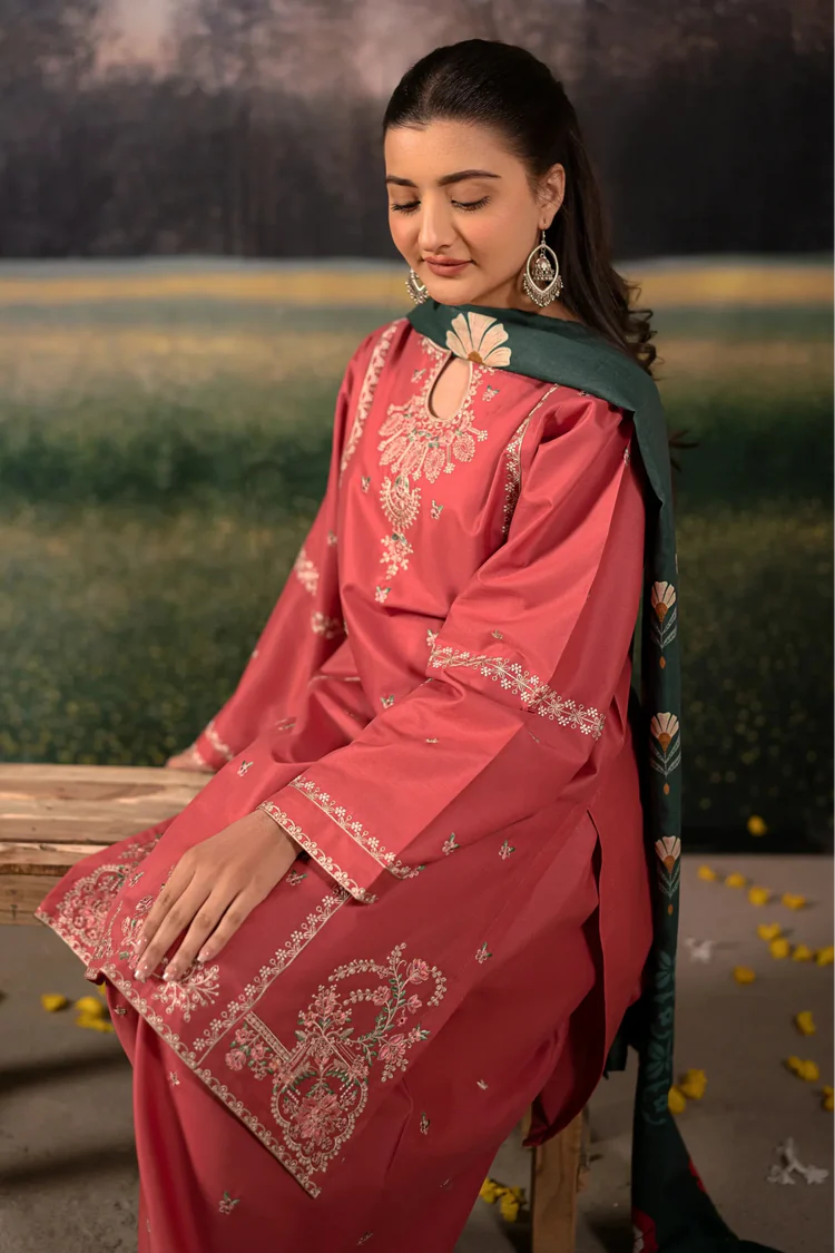 BrandsInn-3PC DHANAK EMBROIDERED SHIRT WITH COURTRAI PRINTED SHAWL AND EMB TROUSER-BI-4203