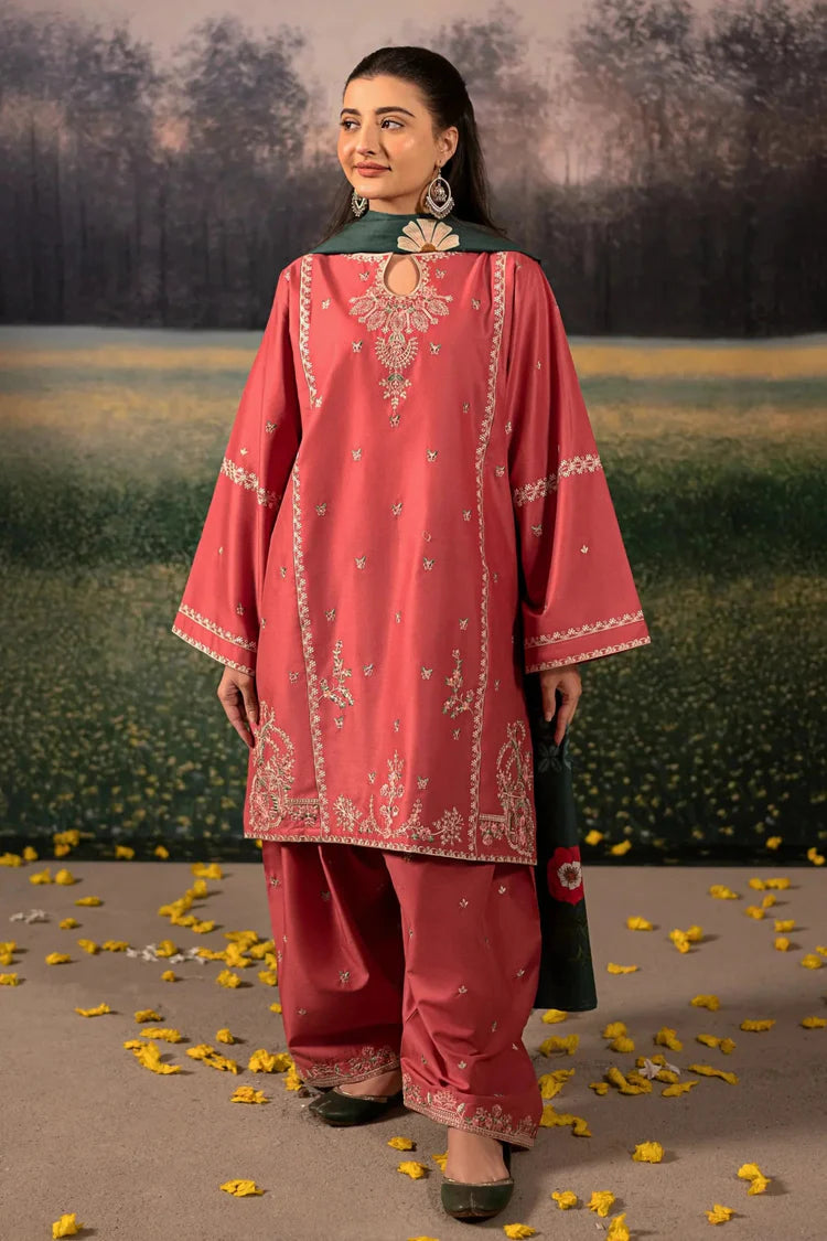 BrandsInn-3PC DHANAK EMBROIDERED SHIRT WITH COURTRAI PRINTED SHAWL AND EMB TROUSER-BI-4203