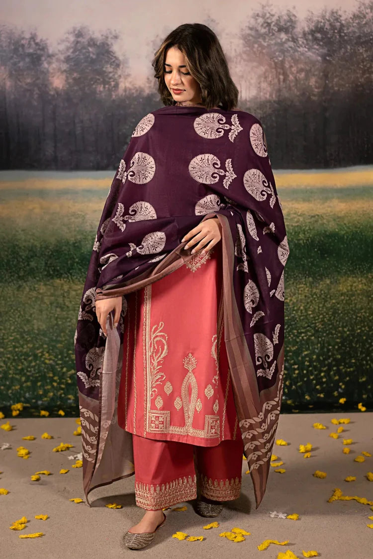 BrandsInn-3PC DHANAK EMBROIDERED SHIRT WITH COURTRAI PRINTED SHAWL AND EMB TROUSER-BI-4204