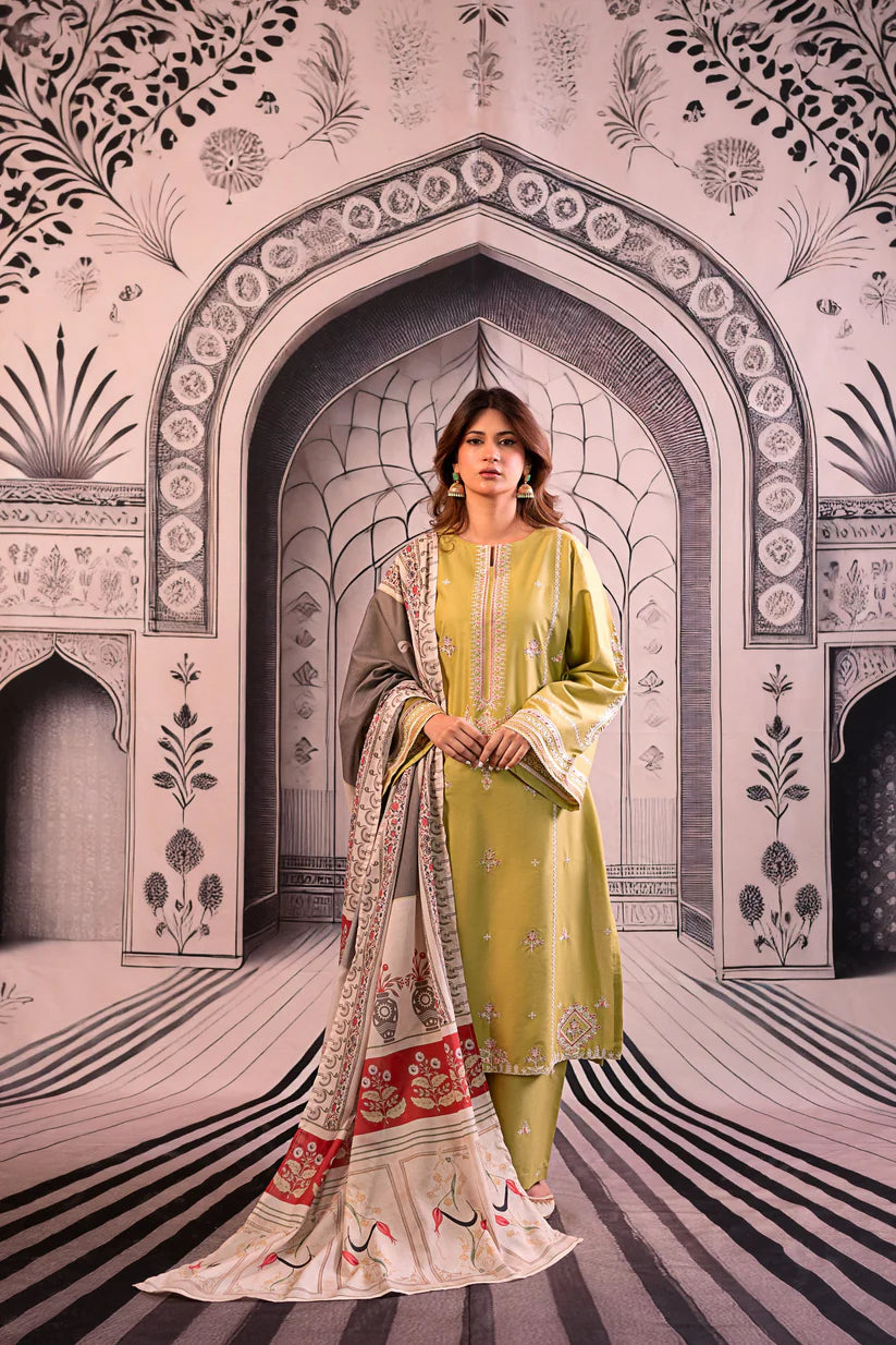 BrandsInn- 3PC LAWN EMBROIDERED SHIRT WITH MONARK PRINTED DUPATTA AND EMB TROUSER-BIC-411