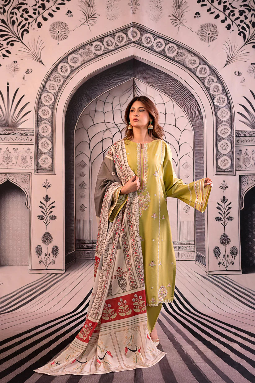 BrandsInn- 3PC LAWN EMBROIDERED SHIRT WITH MONARK PRINTED DUPATTA AND EMB TROUSER-BIC-411