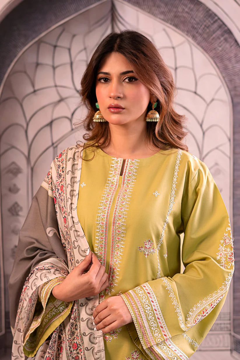 BrandsInn- 3PC LAWN EMBROIDERED SHIRT WITH MONARK PRINTED DUPATTA AND EMB TROUSER-BIC-411