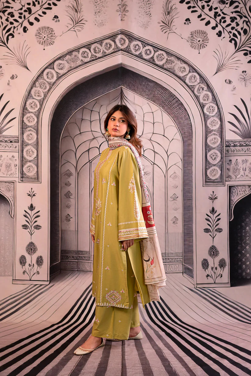 BrandsInn- 3PC LAWN EMBROIDERED SHIRT WITH MONARK PRINTED DUPATTA AND EMB TROUSER-BIC-411
