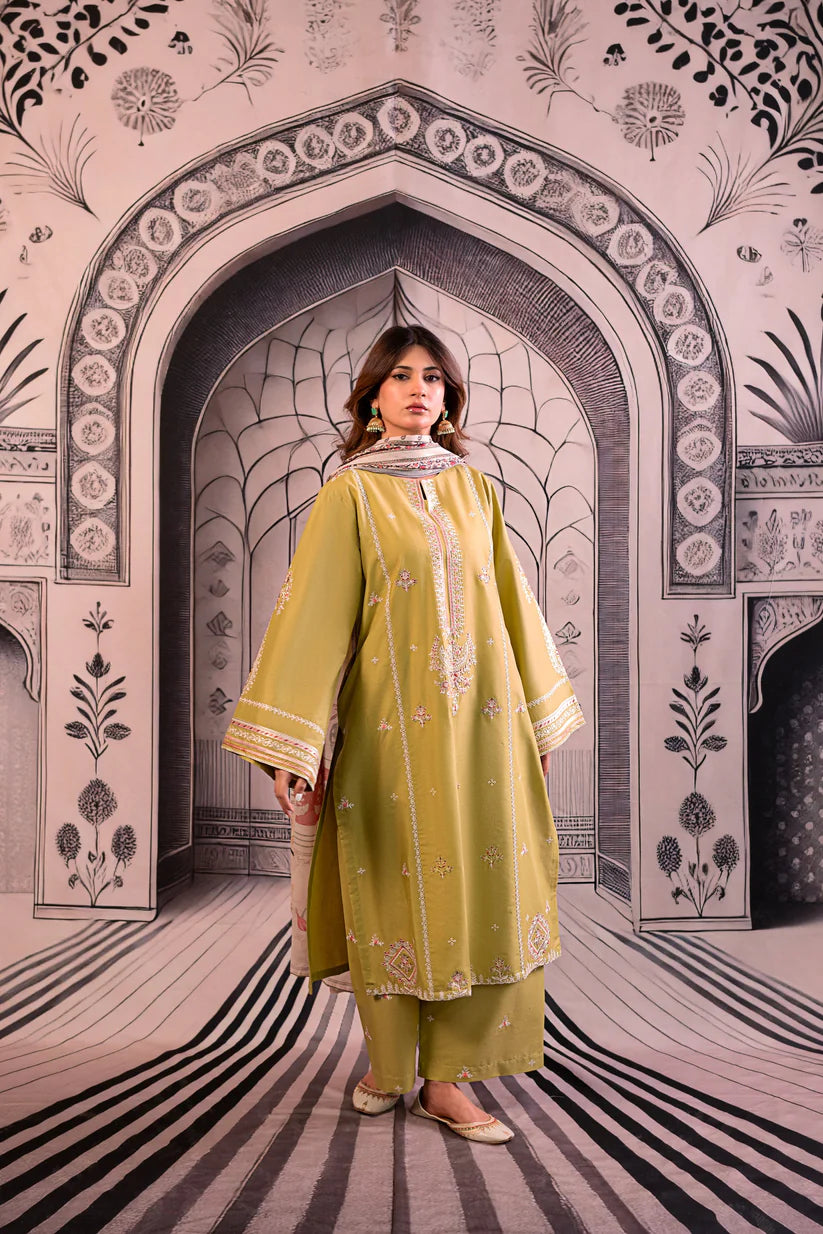 BrandsInn- 3PC LAWN EMBROIDERED SHIRT WITH MONARK PRINTED DUPATTA AND EMB TROUSER-BIC-411