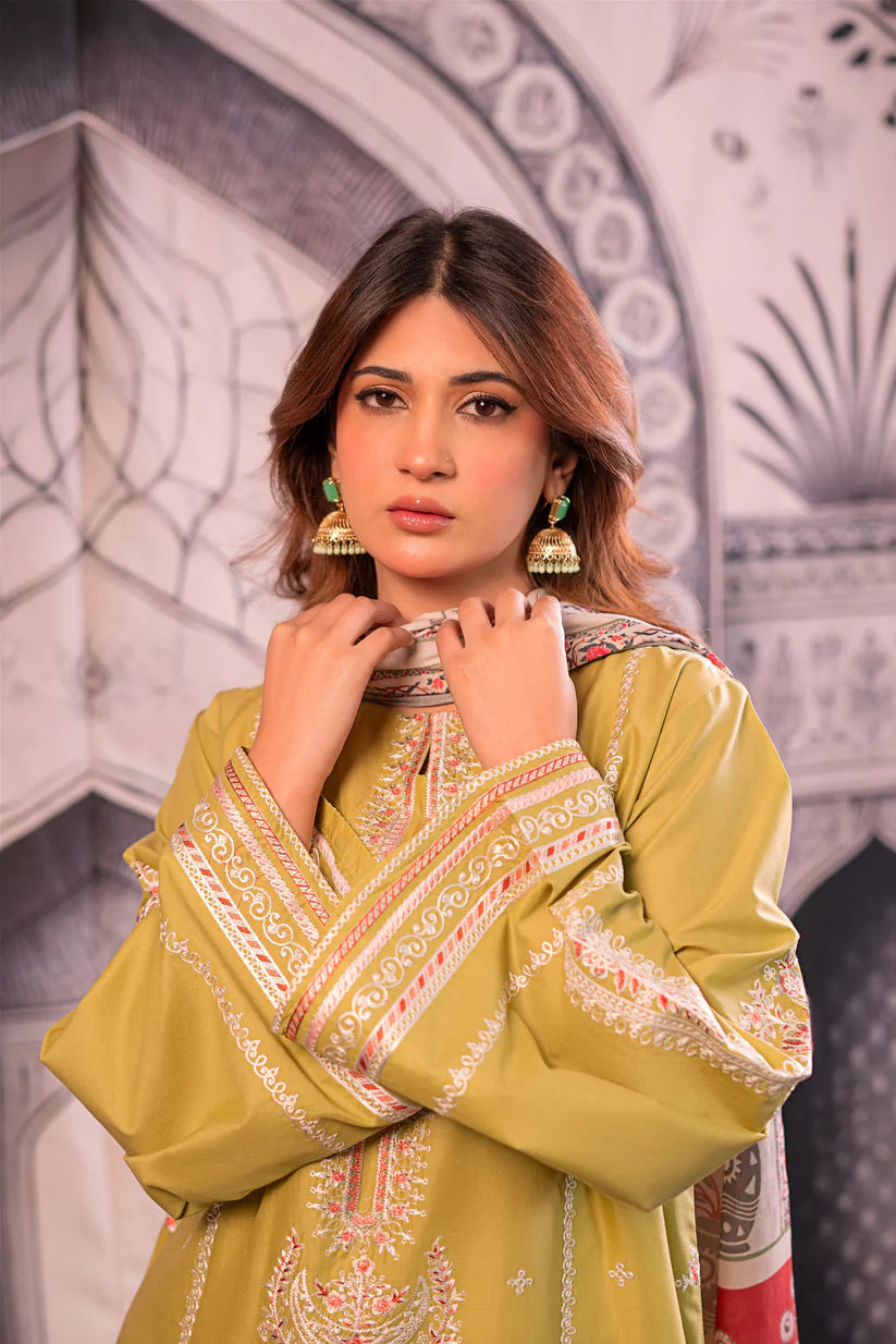 BrandsInn- 3PC LAWN EMBROIDERED SHIRT WITH MONARK PRINTED DUPATTA AND EMB TROUSER-BIC-411