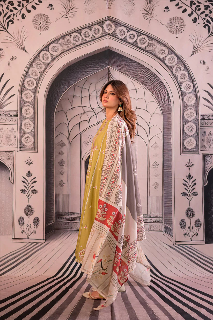 BrandsInn- 3PC LAWN EMBROIDERED SHIRT WITH MONARK PRINTED DUPATTA AND EMB TROUSER-BIC-411