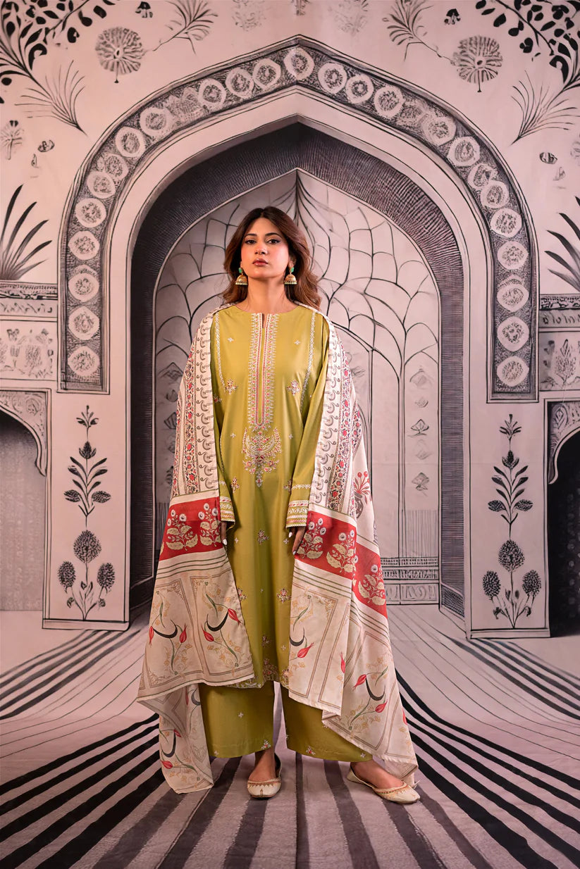 BrandsInn- 3PC LAWN EMBROIDERED SHIRT WITH MONARK PRINTED DUPATTA AND EMB TROUSER-BIC-411