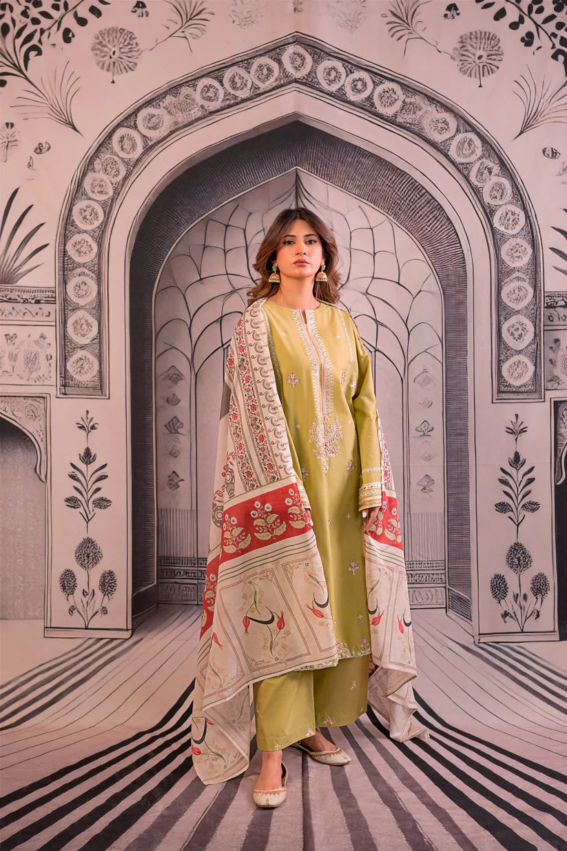 BrandsInn- 3PC LAWN EMBROIDERED SHIRT WITH MONARK PRINTED DUPATTA AND EMB TROUSER-BIC-411