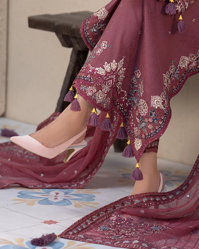 BrandsInn-3PC DHANAK SEQUENCE EMBROIDERED SHIRT WITH CHIFFON EMBROIDERED DUPATTA AND TROUSER-BIC-4004