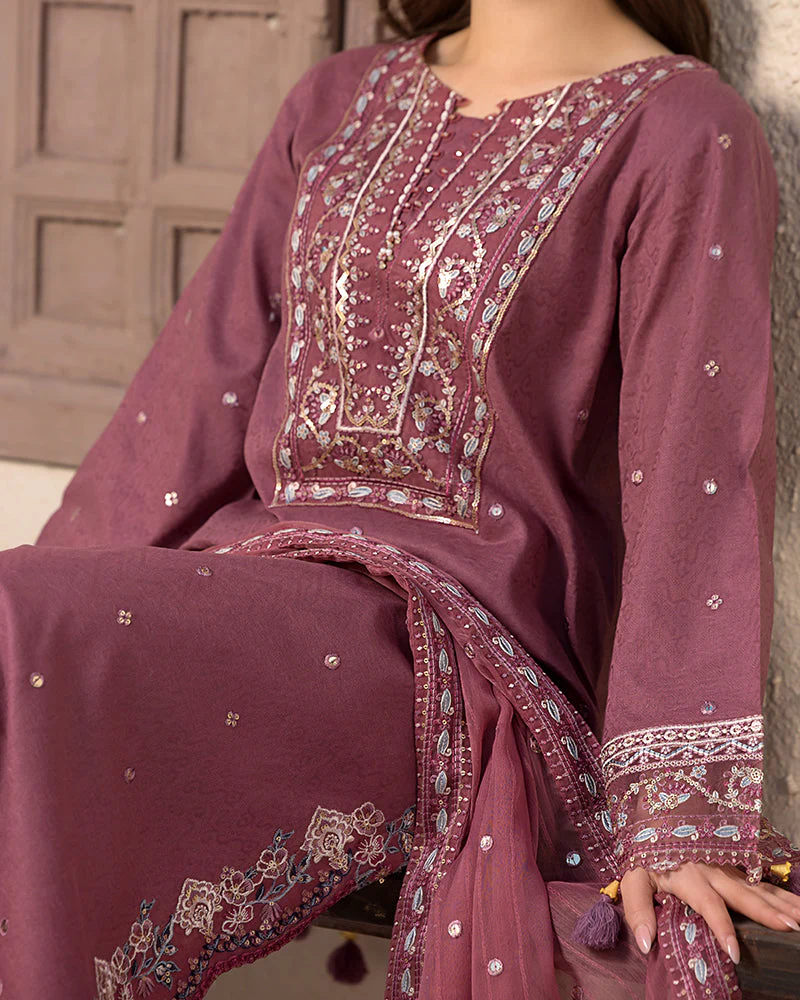 BrandsInn-3PC DHANAK SEQUENCE EMBROIDERED SHIRT WITH CHIFFON EMBROIDERED DUPATTA AND TROUSER-BIC-4004
