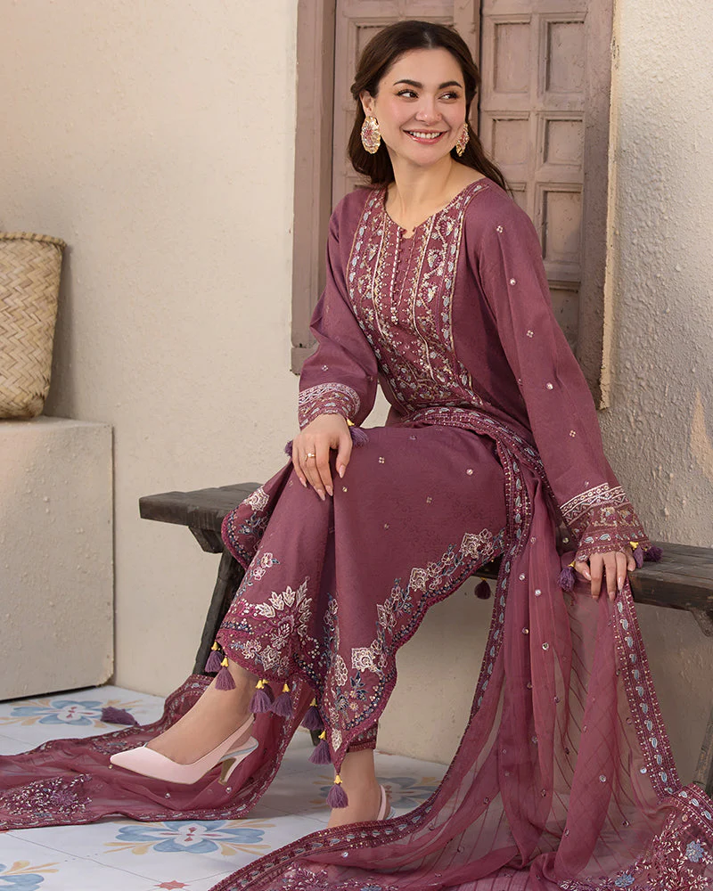 BrandsInn-3PC DHANAK SEQUENCE EMBROIDERED SHIRT WITH CHIFFON EMBROIDERED DUPATTA AND TROUSER-BIC-4004