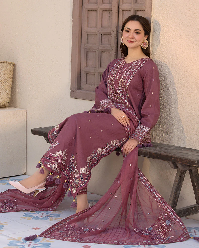 BrandsInn-3PC DHANAK SEQUENCE EMBROIDERED SHIRT WITH CHIFFON EMBROIDERED DUPATTA AND TROUSER-BIC-4004