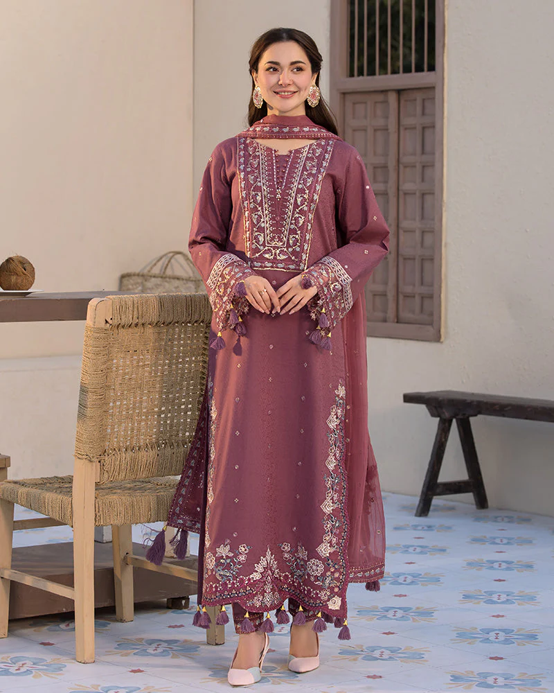 BrandsInn-3PC DHANAK SEQUENCE EMBROIDERED SHIRT WITH CHIFFON EMBROIDERED DUPATTA AND TROUSER-BIC-4004