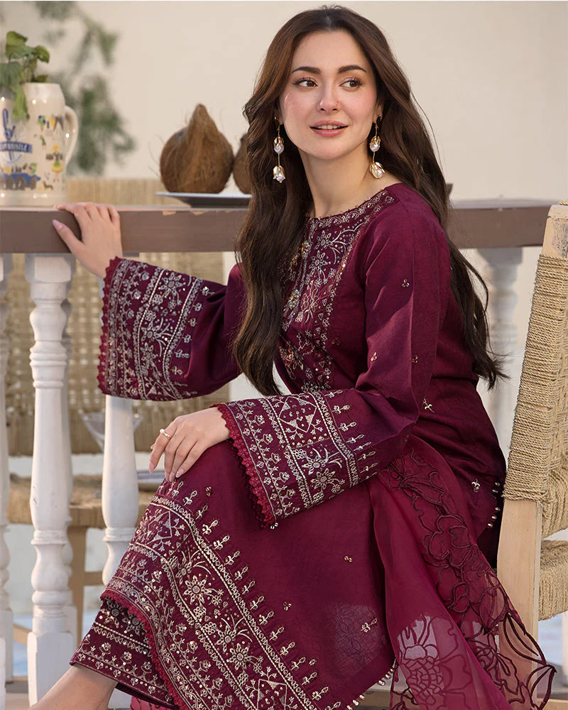 BrandsInn-3PC DHANAK EMBROIDERED SHIRT WITH ORGANZA EMBROIDERED DUAPATTA AND EMB TROUSER--BI-4160