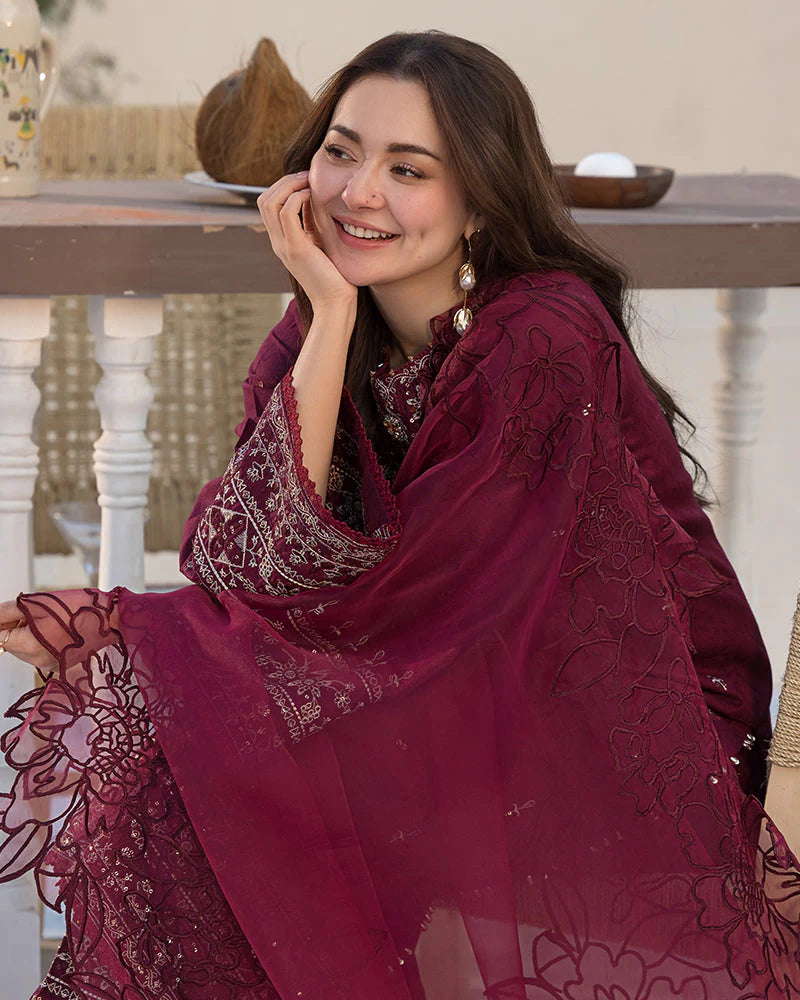BrandsInn-3PC DHANAK EMBROIDERED SHIRT WITH ORGANZA EMBROIDERED DUAPATTA AND EMB TROUSER--BI-4160
