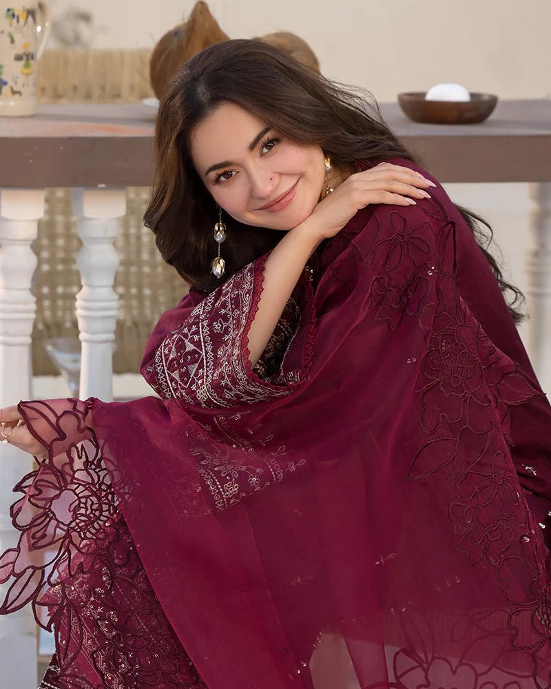 BrandsInn-3PC DHANAK EMBROIDERED SHIRT WITH ORGANZA EMBROIDERED DUAPATTA AND EMB TROUSER--BI-4160