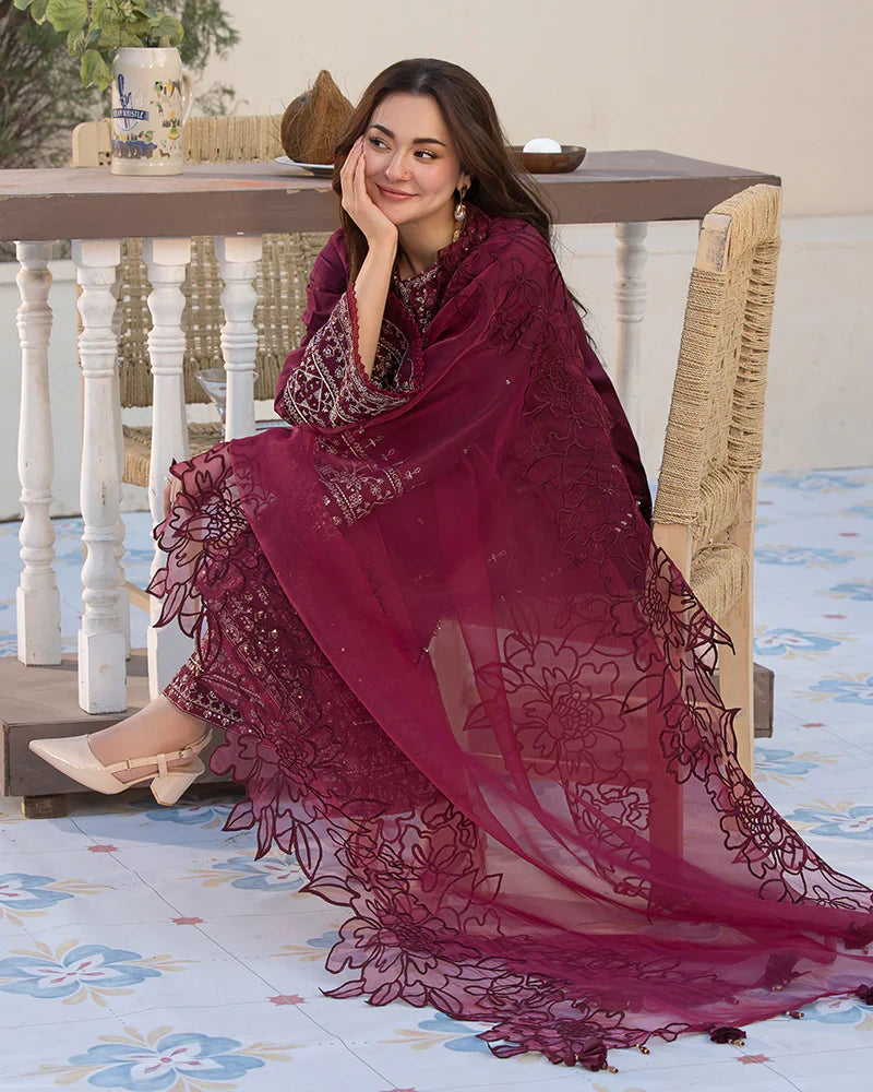 BrandsInn-3PC DHANAK EMBROIDERED SHIRT WITH ORGANZA EMBROIDERED DUAPATTA AND EMB TROUSER--BI-4160