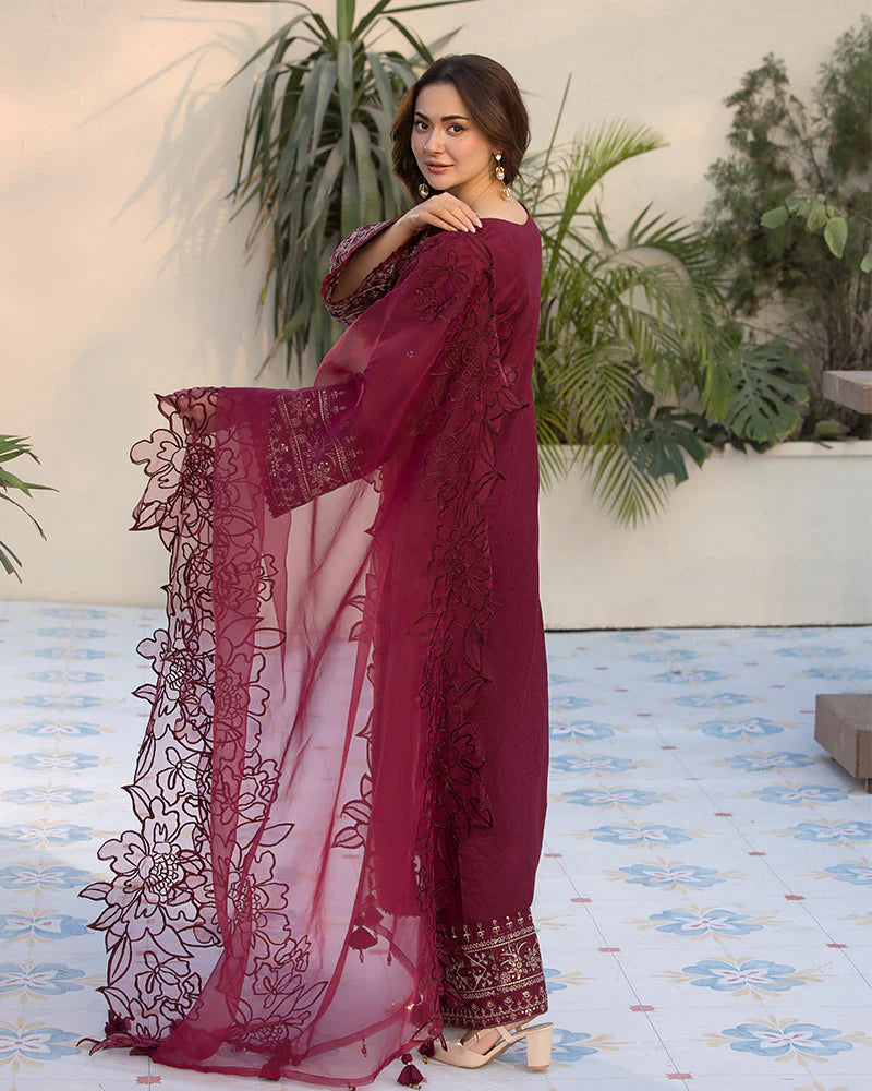 BrandsInn-3PC DHANAK EMBROIDERED SHIRT WITH ORGANZA EMBROIDERED DUAPATTA AND EMB TROUSER--BI-4160
