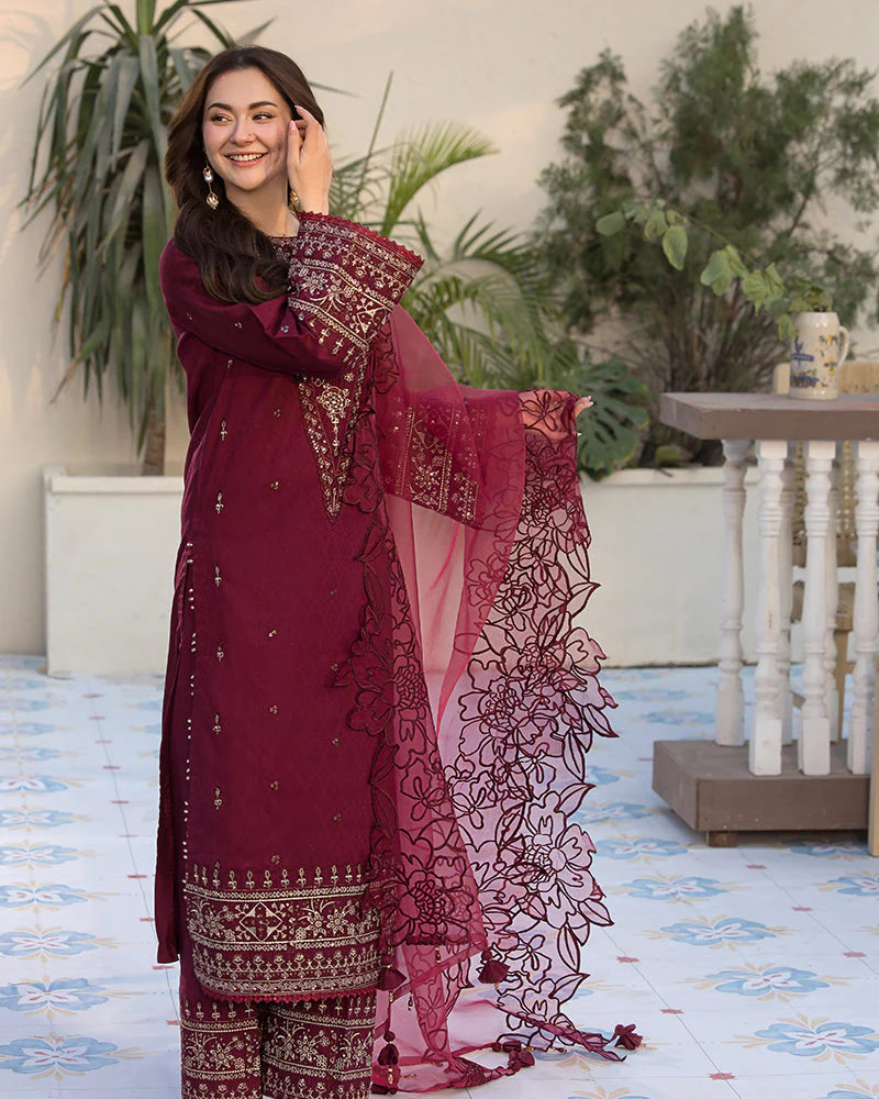 BrandsInn-3PC DHANAK EMBROIDERED SHIRT WITH ORGANZA EMBROIDERED DUAPATTA AND EMB TROUSER--BI-4160