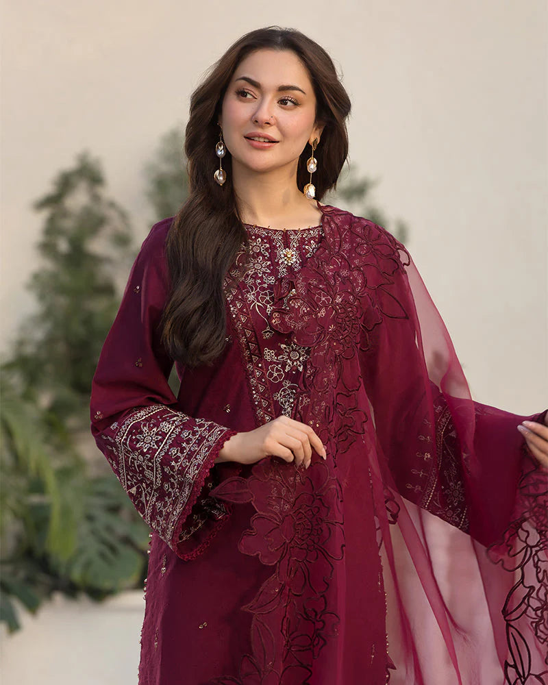 BrandsInn-3PC DHANAK EMBROIDERED SHIRT WITH ORGANZA EMBROIDERED DUAPATTA AND EMB TROUSER--BI-4160