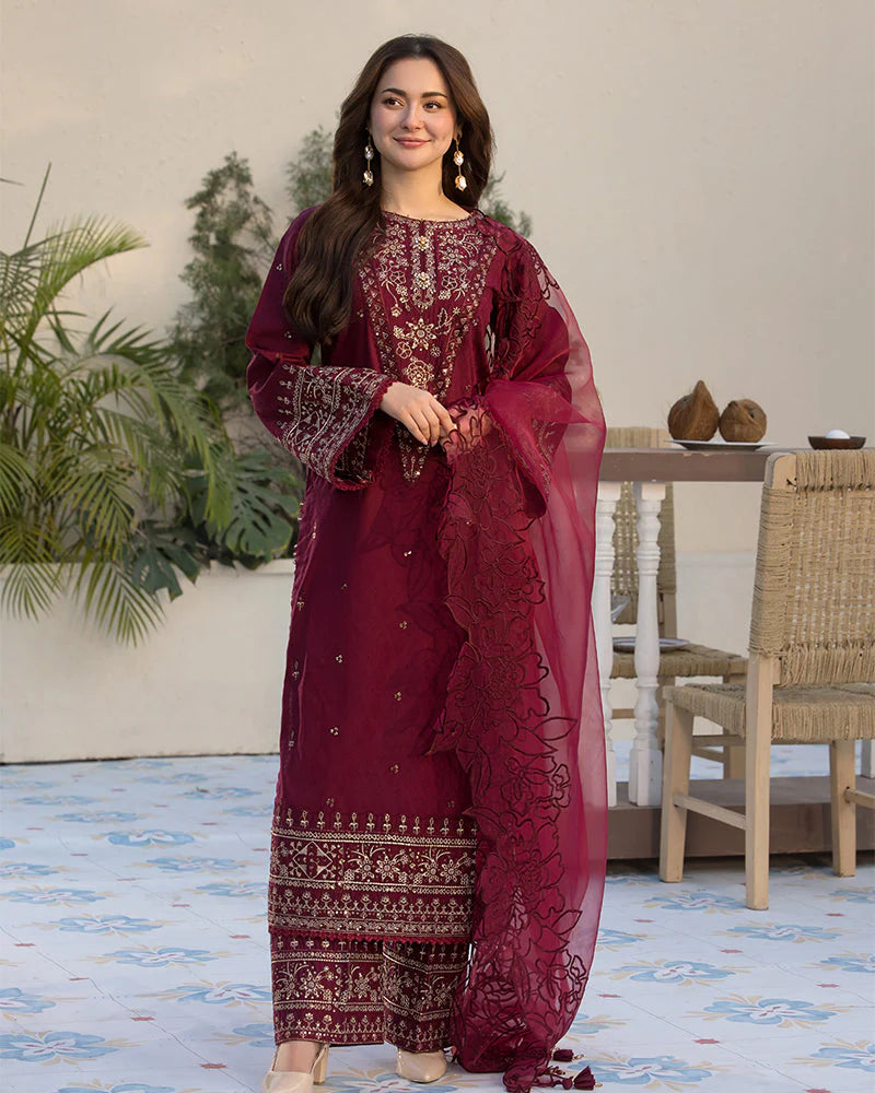 BrandsInn-3PC DHANAK EMBROIDERED SHIRT WITH ORGANZA EMBROIDERED DUAPATTA AND EMB TROUSER--BI-4160