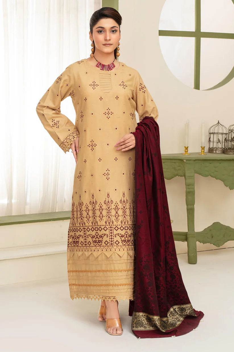 BRANDSINN-3PC DHANAK EMBROIDERED SHIRT WITH KASHMIRI JACQUARD WOOL SHAWL-BIC-4026