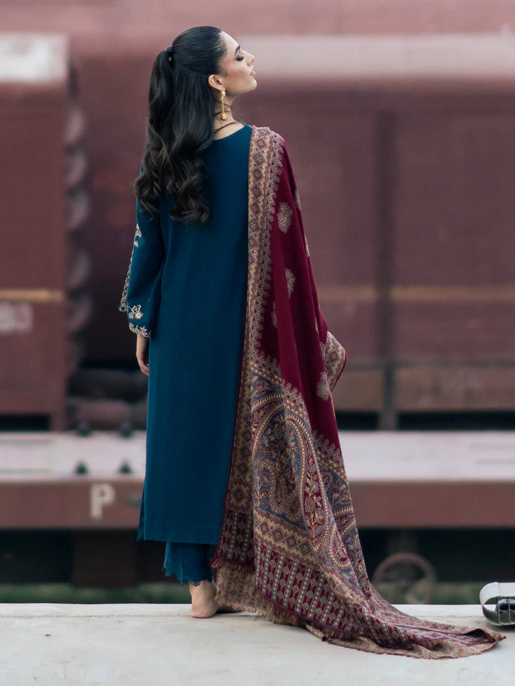 BrandsInn-3PC DHANAK EMBROIDERED SHIRT WITH COURTRAI PRINTED SHAWL & TROUSER-BI-4226