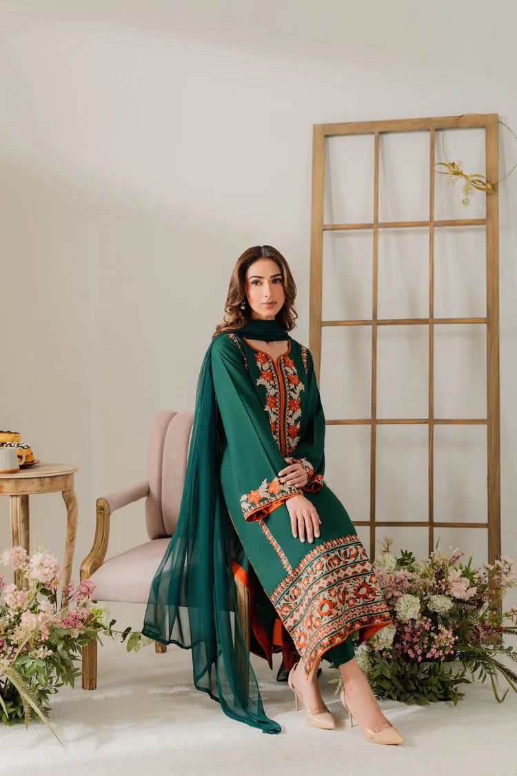 BrandsInn-3PC DHANAK EMBROIDERED SHIRT WITH BAMBER CHIFFON DUPATTA & TROUSER-BI-4248