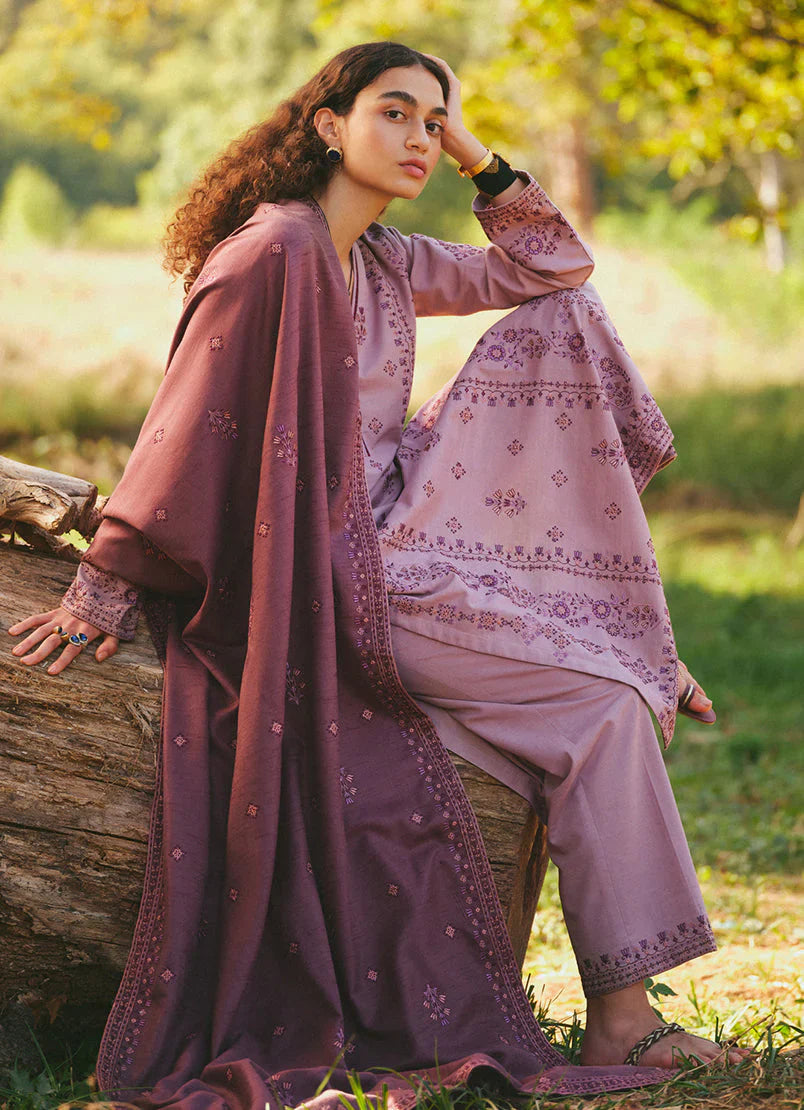BrandsInn-3PC DHANAK EMBROIDERED SHIRT WITH DHANAK EMBROIDERED SHAWL AND TROUSER-BI-4055
