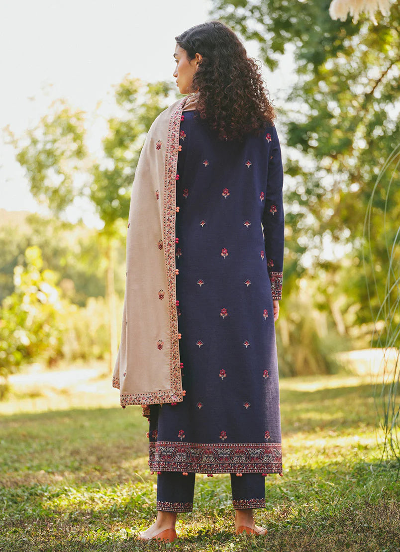 BrandsInn- 3PC DHANAK EMBROIDERED SHIRT WITH DHANAK EMBROIDERED SHAWL & EMB TROUSER-BI-4069