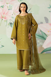 BrandsInn-3PC DHANAK SEQUIN EMBROIDERED SHIRT WITH COTTON NET EMBROIDERED DUPATTA AND TROUSER-B-4194