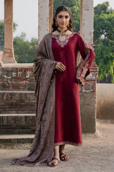 BrandsInn-3PC DHANAK EMBROIDERED SHIRT WITH COURTRAI PRINTED SHAWL & TROUSER-BI-4363