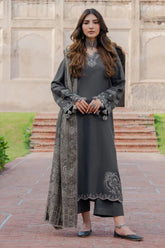 BrandsInn-3PC DHANAK EMBROIDERED SHIRT WITH COURTRAI PRINTED SHAWL & TROUSER-BI-4359
