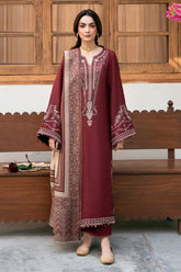 BrandsInn-3PC KHADDAR EMBROIDERED SHIRT WITH COURTRAI PRINTED SHAWL & TROUSER-BI-4384