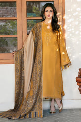 BrandsInn-3PC DHANAK EMBROIDERED SHIRT WITH COURTRAI PRINTED SHAWL & TROUSER-BI-4372