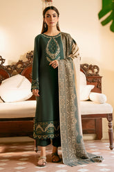 BrandsInn-3PC DHANAK EMBROIDERED SHIRT WITH COURTRAI WOOL PRINT SHAWL AND TROUSER-BI-4394