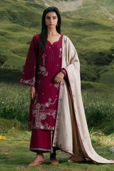 BrandsInn-3PC DHANAK EMBROIDERED SHIRT WITH DHANAK EMBROIDERED SHAWL AND TROUSER-BI-4373