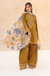 BrandsInn-3PC DHANAK EMBROIDERED SHIRT WITH WOOL PRINT SHAWL AND EMB TROUSER-BI-5070