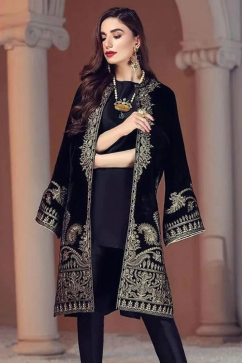 BrandsInn-VELVET 2PC- EMBROIDERED WORK SHIRT WITH SILK INNER AND SILK TROUSER -D-11- MICRO 9000 VELVET-BI-4074