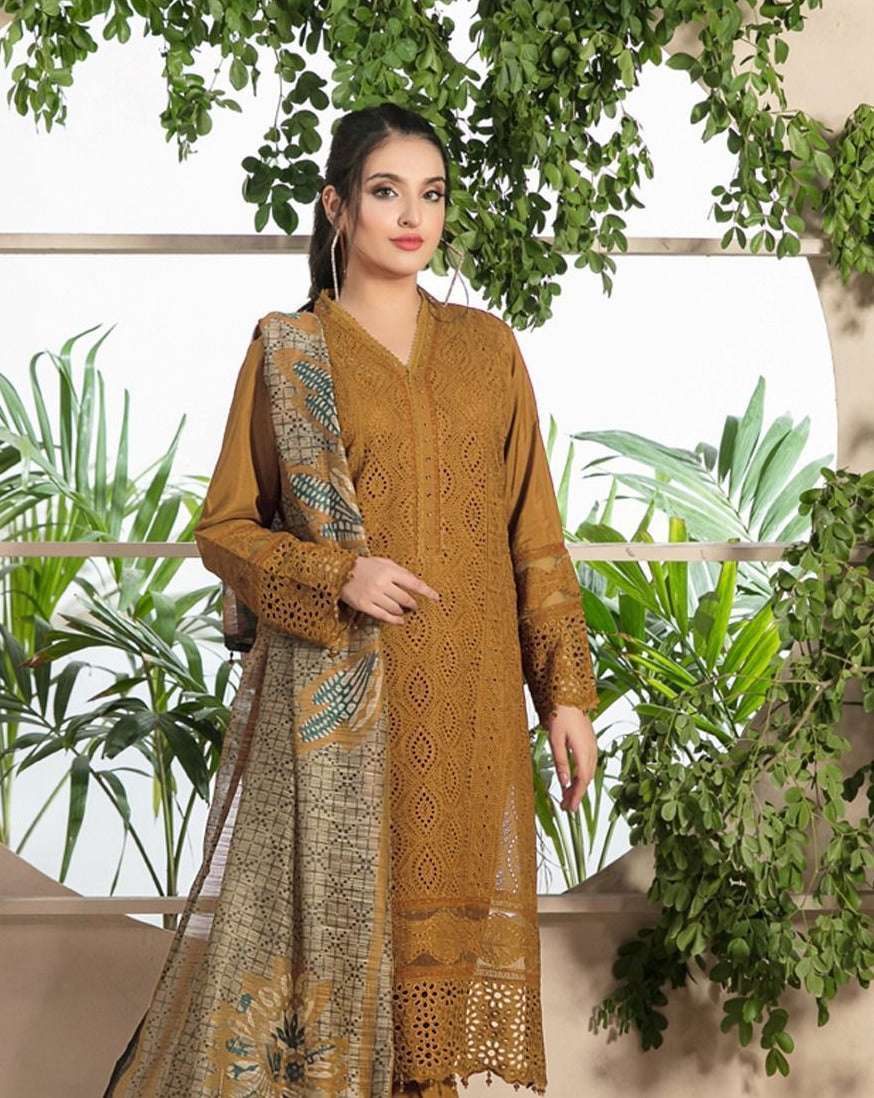 BrandsInn-3PC CHIKANKAARI LAWN EMBROIDERED SHIRT WITH MONARK PRINT DUPATTA AND TROUSER- MUSTERD-BI-147