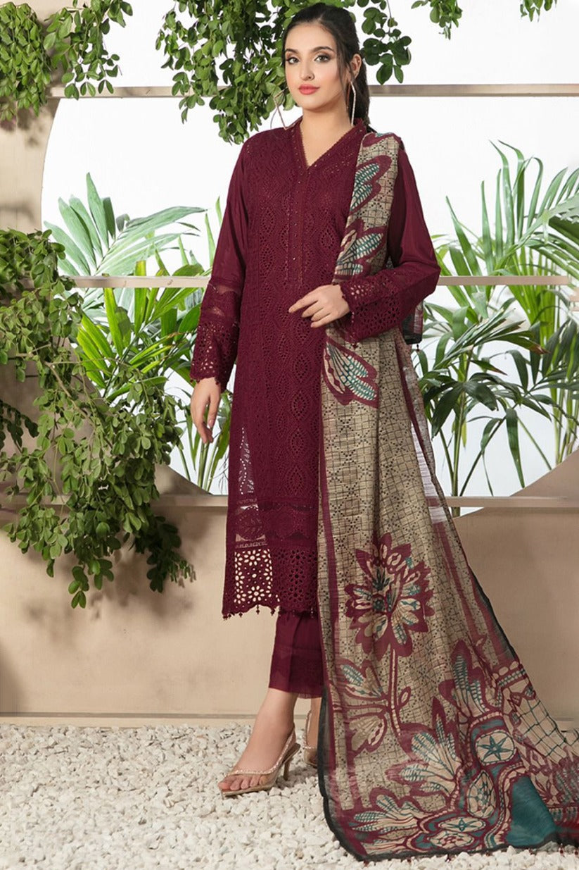 BrandsInn-3PC CHIKANKAARI LAWN EMBROIDERED SHIRT WITH MONARK PRINT DUPATTA AND TROUSER-MEHROON-BI-145