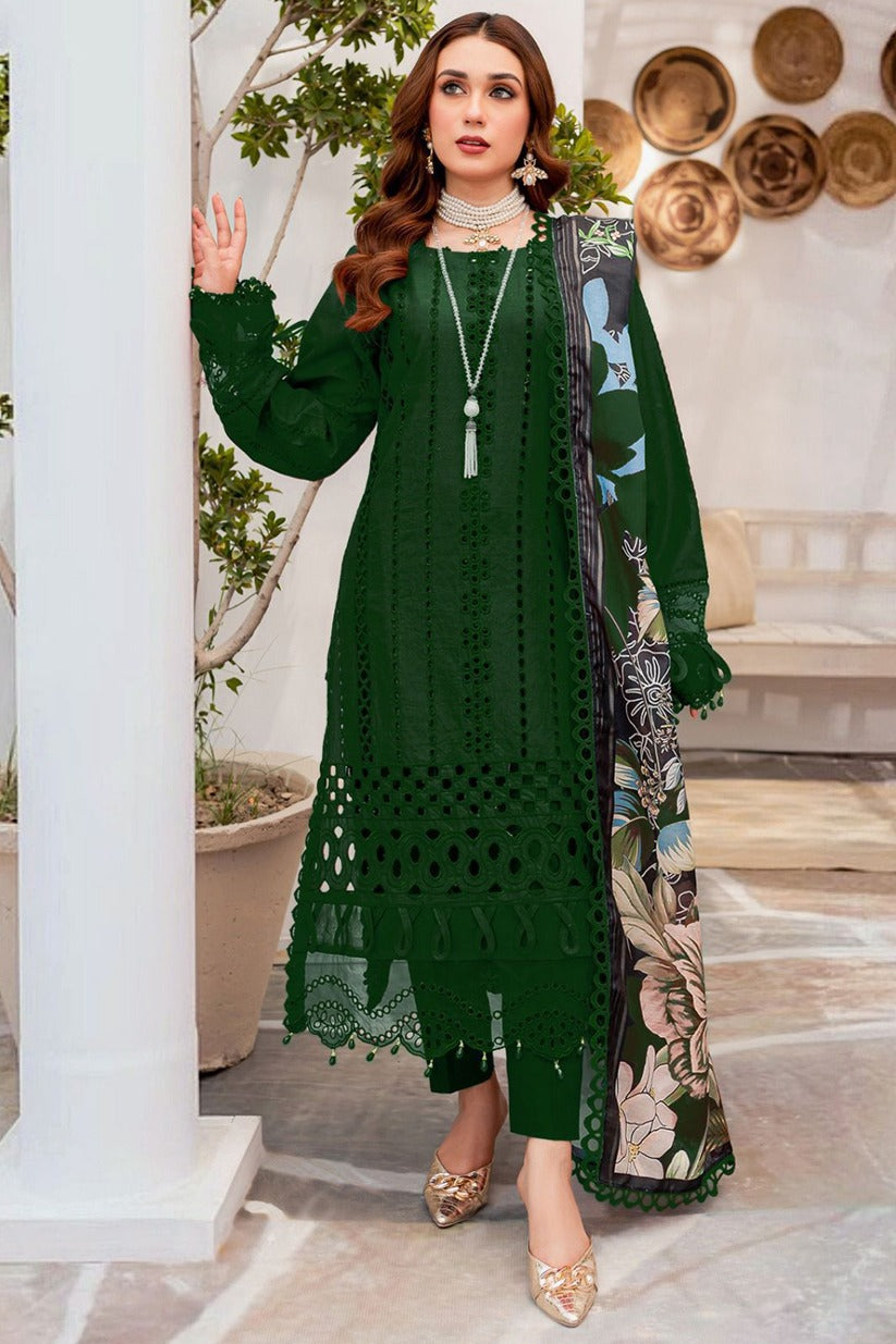 BrandsInn-3PC CHIKANKAARI LAWN EMBROIDERED SHIRT WITH MONARK PRINT DUPATTA AND TROUSER-BI-151