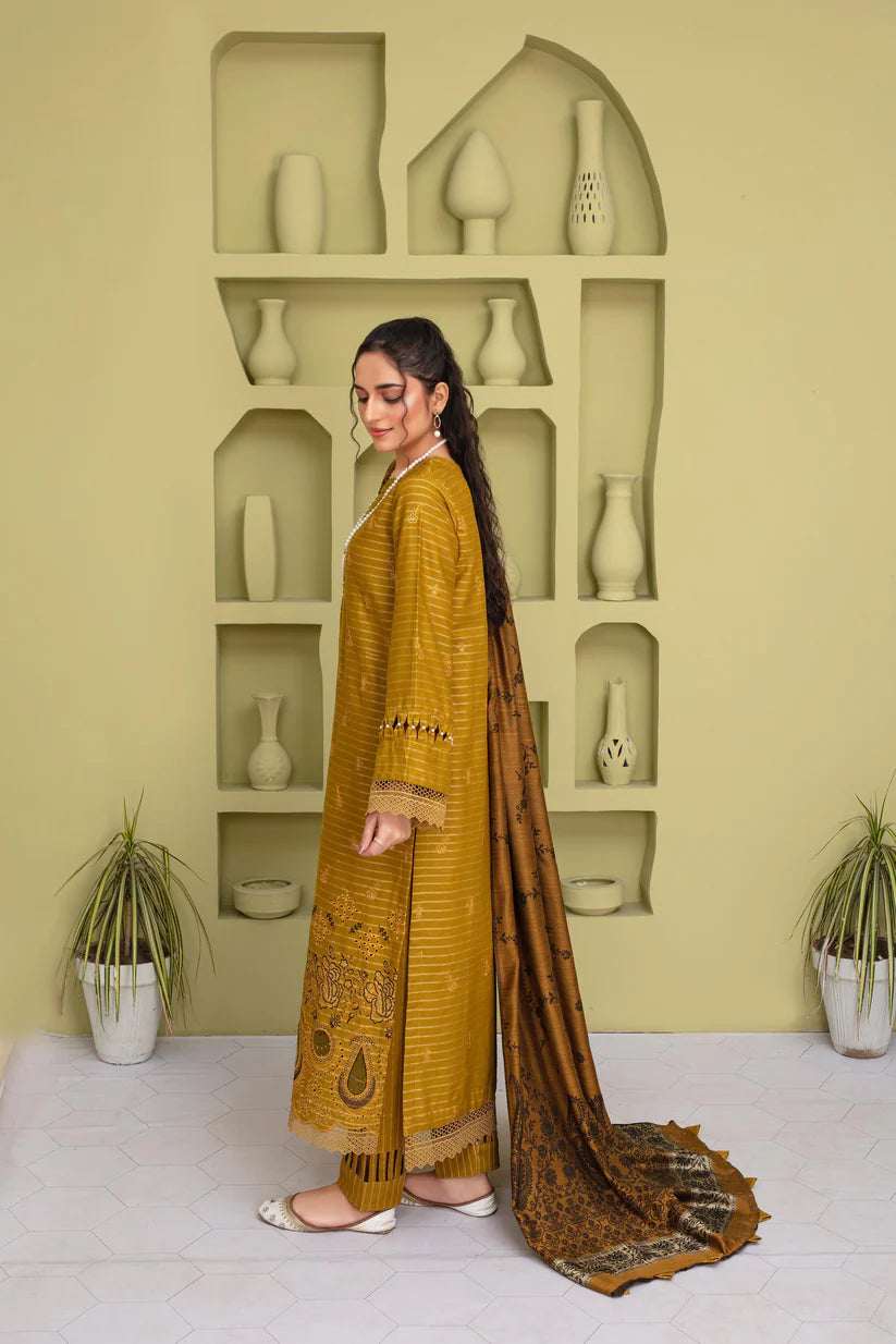 BRANDSINN-3PC KHADAR CUTWORK EMBROIDERED SHIRT WITH KASHMIRI JACQUARD WOOL SHAWL-BI-4052